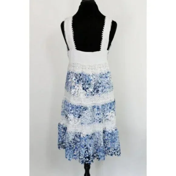 T Tahari Raya Indigo Stripe Crochet Lace Overlay Dress L Nautical Coastal Summer - Picture 5 of 7
